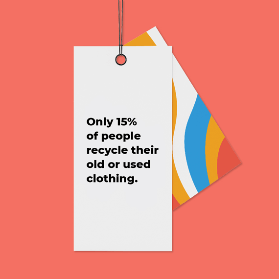 Image of a clothing tag that states "Only 15% of people recycle their old or used clothing