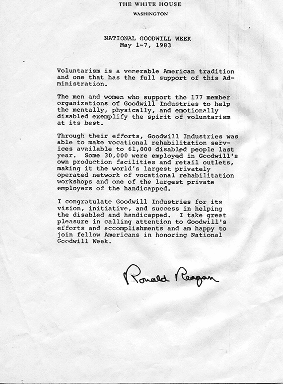 Photo of a letter from Ronald Reagan to Goodwill