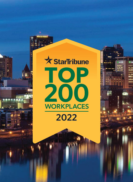 Image of a golder badge stating "Star Tribune Top Work Places for 2022"