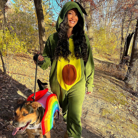 Kim with her dog in halloween costumes