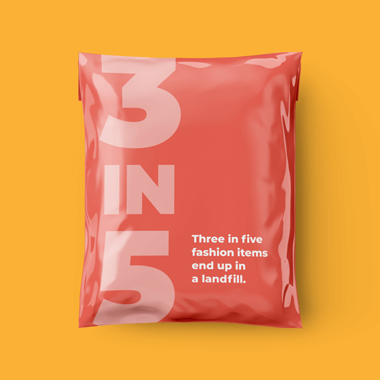 Photo of a red package with text on it that states" 3 in 5 fashion items end up in a landfill