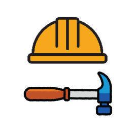 Illustration of a construction helmet and a hammer.