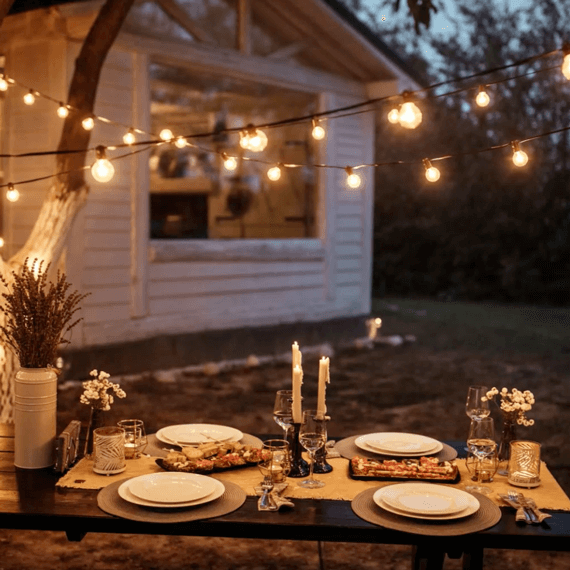 An outdoor table with dishware on it with fairy lights hanging above.
