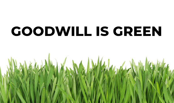 Photo of green grass up close with the words "Goodwill is green" in black text above it.