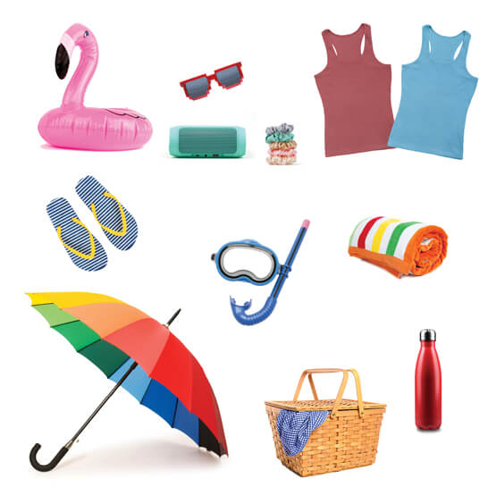 Photo of beach items like towel, snorkel, umbrella, floaty