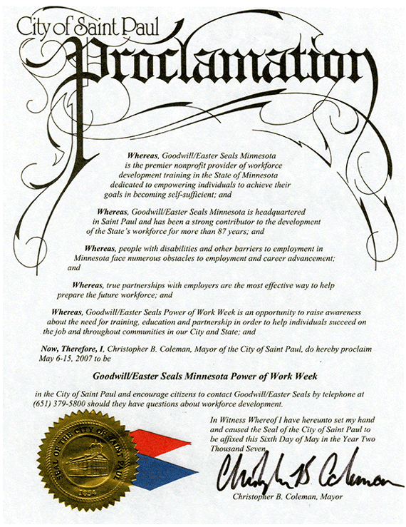 Photo of Saint Paul proclamation for Goodwill MN week May 6-15