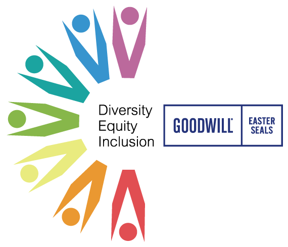 Illustration with paper cut out people in different colors next to Goodwill Easterseals Minnesota logo.