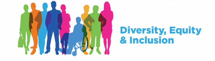 Image of colored sillouttes of individuals with blue text on the right that states "Diversity, Equity & Inclusion"