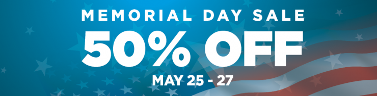 Graphic image with large white text stating that there is a big Memorial Day sale at Goodwill where you can save 50% off storewide all weekend, May 25th through the 27th
