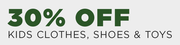 Large green text stating "30% Off on Kids clothes, shoes and toys." on a white background." on multi-color background that looks like the aurora borealis lights.