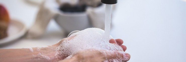 Photo of person's hands getting washed with soap under a faucet.