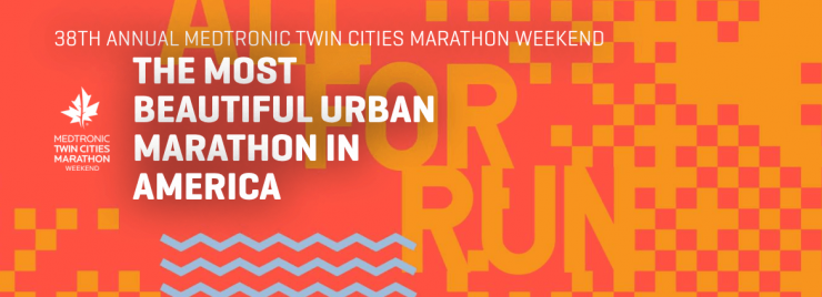 Line art image with white text stating the 38th Annual Medtronic Twin Cities Marathon Weekend and stating that it is the "the most beautiful urban marathon in America."