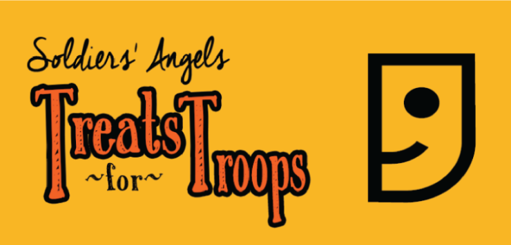 Orange text on gold background stating "Soldiers' Angels Treats for Troops."