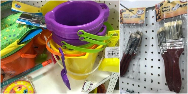 Plastic buckets and paint brushes on Goodwill shelves